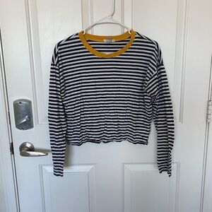 Forever 21 Black & White Striped Crop Top with Mustard Trim